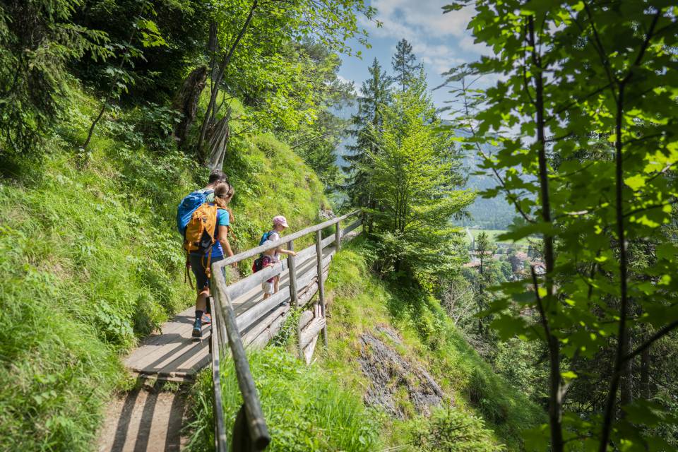 Familie wandert einen Holzweg entlang