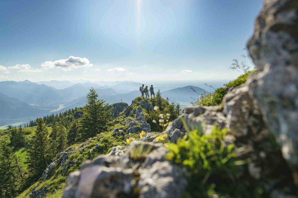 Wanderer stehen auf dem Berg und blicken über die Alpen