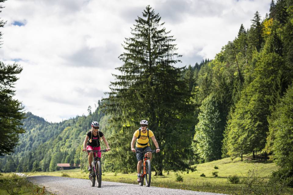 Paar fährt Mountainbike durch den Wald